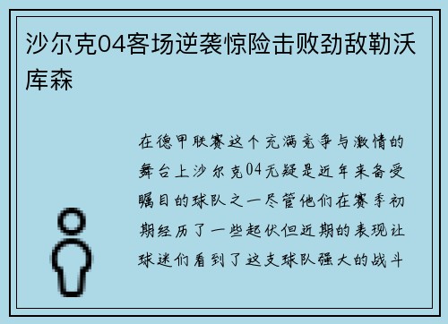 沙尔克04客场逆袭惊险击败劲敌勒沃库森